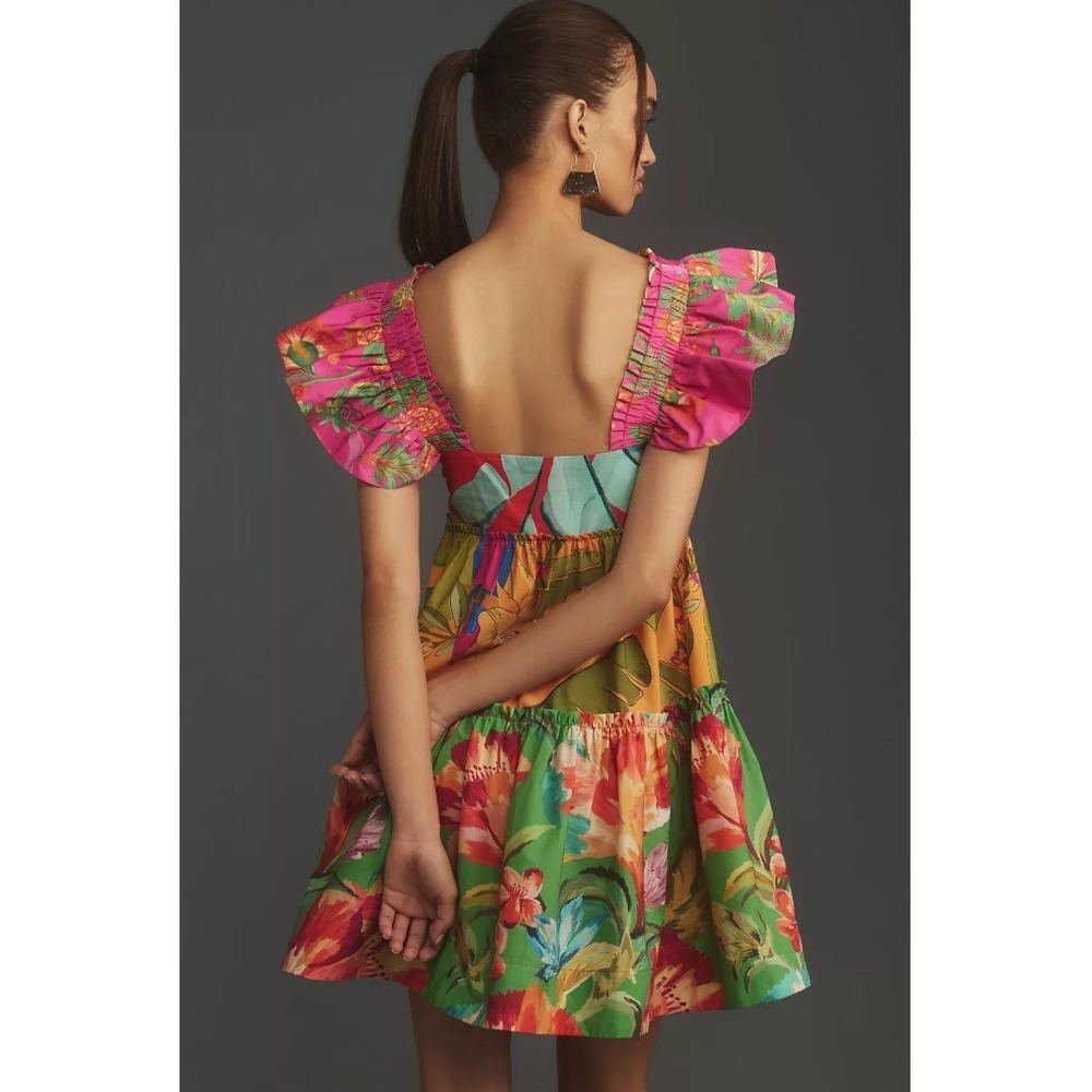 Farm Rio Foliage Mix Mini Dress Tropical Floral Ruffle Tiered Cotton XL $198 NWT - Picture 3 of 9